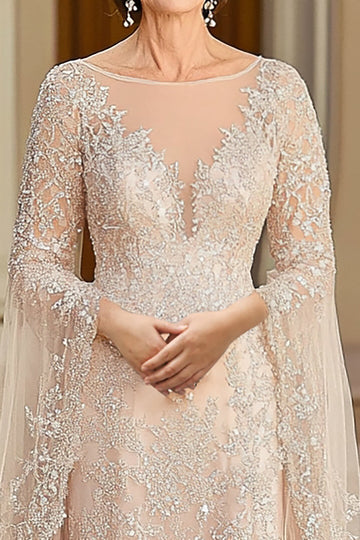 Elégant Beige Une Ligne Flutter Manches Mère De La Robe De La Mariée Avec Appliques De Dentelle